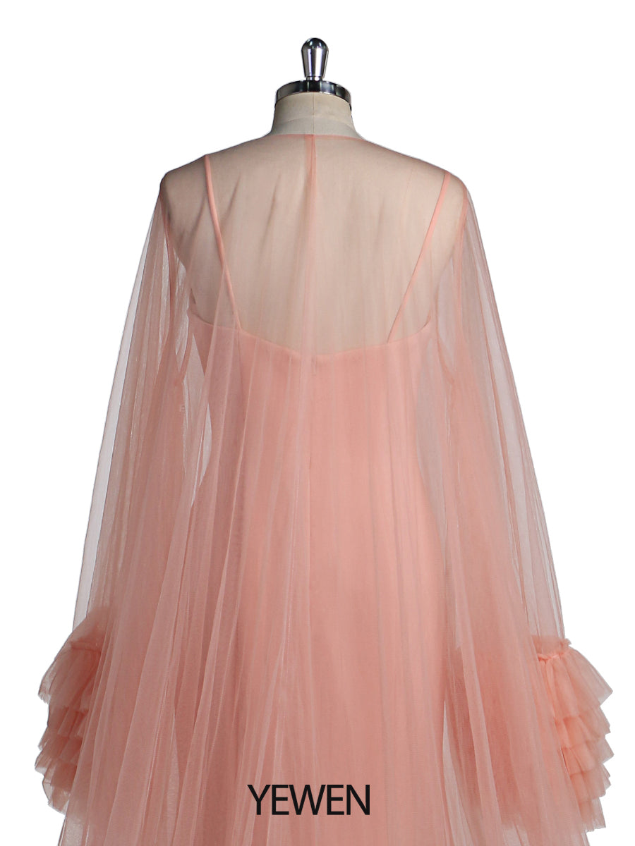 Lachsfarbenes Abendkleid mit langem Umhang, Foto-Shooting, Foto-Requisiten, Fotografie-Kleid, Vestidos de Fiesta de Noche 