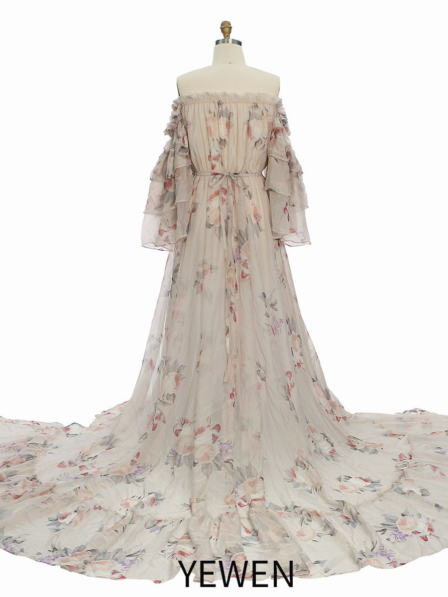 Trägerloses Umstandskleid Fotoshooting Print Floral Seide Weicher Organza Frau Maxikleid Seitenschlitz YW231002 