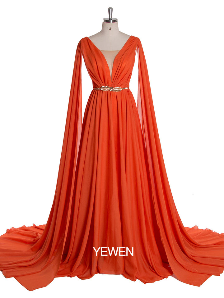 Elegantes Chiffon-Partykleid für Damen mit V-Ausschnitt und Cape-Ärmeln 