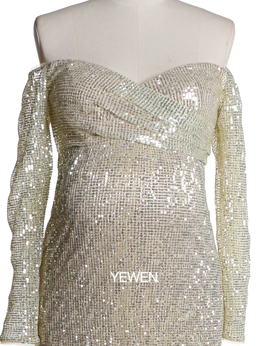 Langärmliges Pailletten-V-Ausschnitt-Abendkleid mit offener Vorderseite und Stretch-Bauch