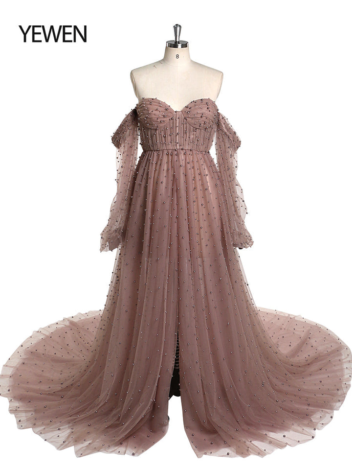 Schulterfreies, elfenbeinfarbenes, langärmliges Umstandskleid mit Perlen vorne und offen, Fotoshooting-Kleid für Damen LT024 