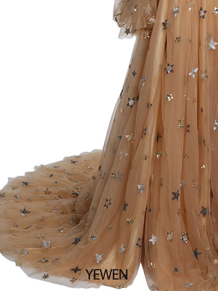 Abendkleid mit funkelnden Sternen, lang, abnehmbare Ärmel, formelles Partykleid, Fotoshooting-Kleid, Übergröße, YW220311 