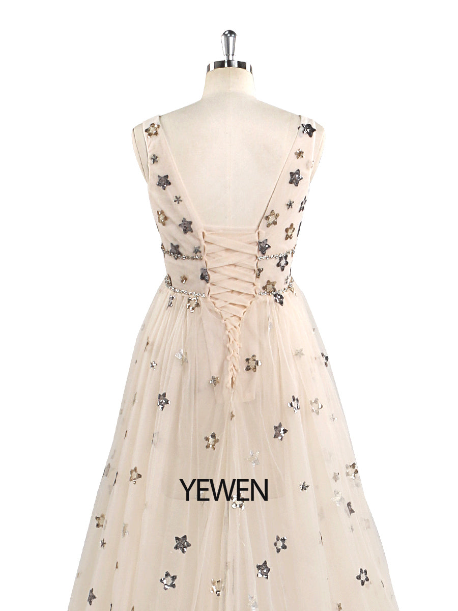 Tüll-Ballkleid, Champagner, Stern, V-Ausschnitt, Fotografie-Kleid 