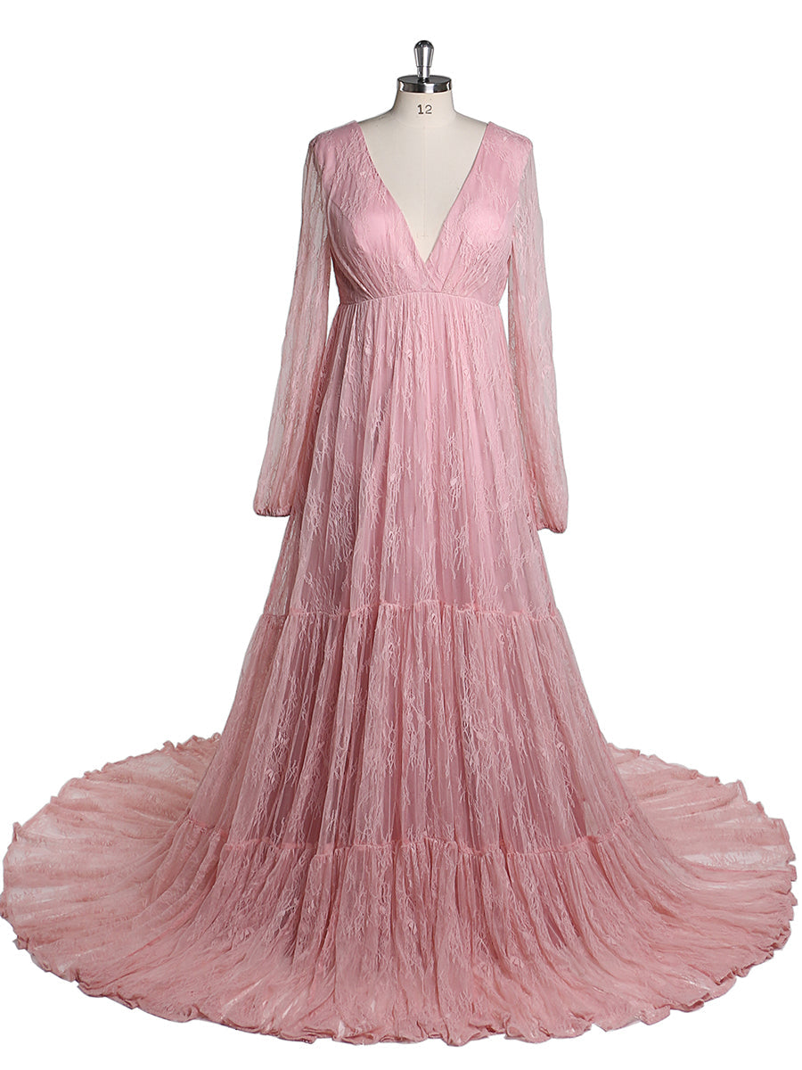 Elegantes Abendkleid mit V-Ausschnitt und langen Ärmeln aus Spitze, Umstandskleid für Fotografie, Babyparty, YW2046