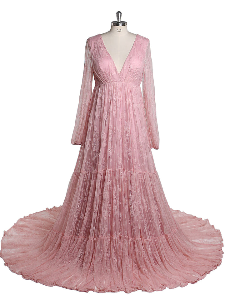 Elegantes Abendkleid mit V-Ausschnitt und langen Ärmeln aus Spitze, Umstandskleid für Fotografie, Babyparty, YW2046