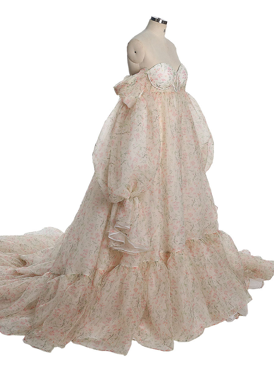 Umstandskleid aus weicher Organza-Seide mit Blumendruck für Fotoshootings, Fotografie, Foto-Requisiten, Schnürung am Rücken, YW230304 