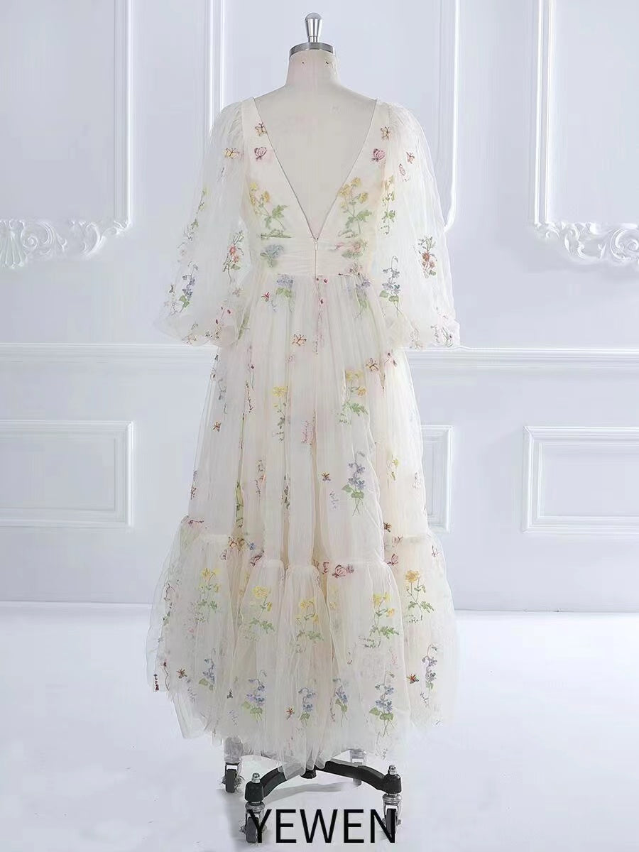V-Neck , Embroidery Tulle , Puffy Sleeves,  Tea Party Dresses