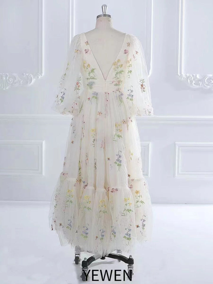 V-Neck , Embroidery Tulle , Puffy Sleeves,  Tea Party Dresses