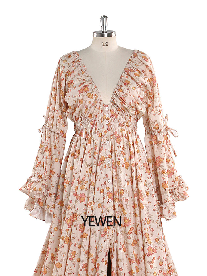 Elegantes Maxikleid mit V-Ausschnitt und Blumendruck für Damen, Boho-Stil, Strandkleid, Umstandskleid, ausgefallene Fotografie-Requisiten, YEWEN