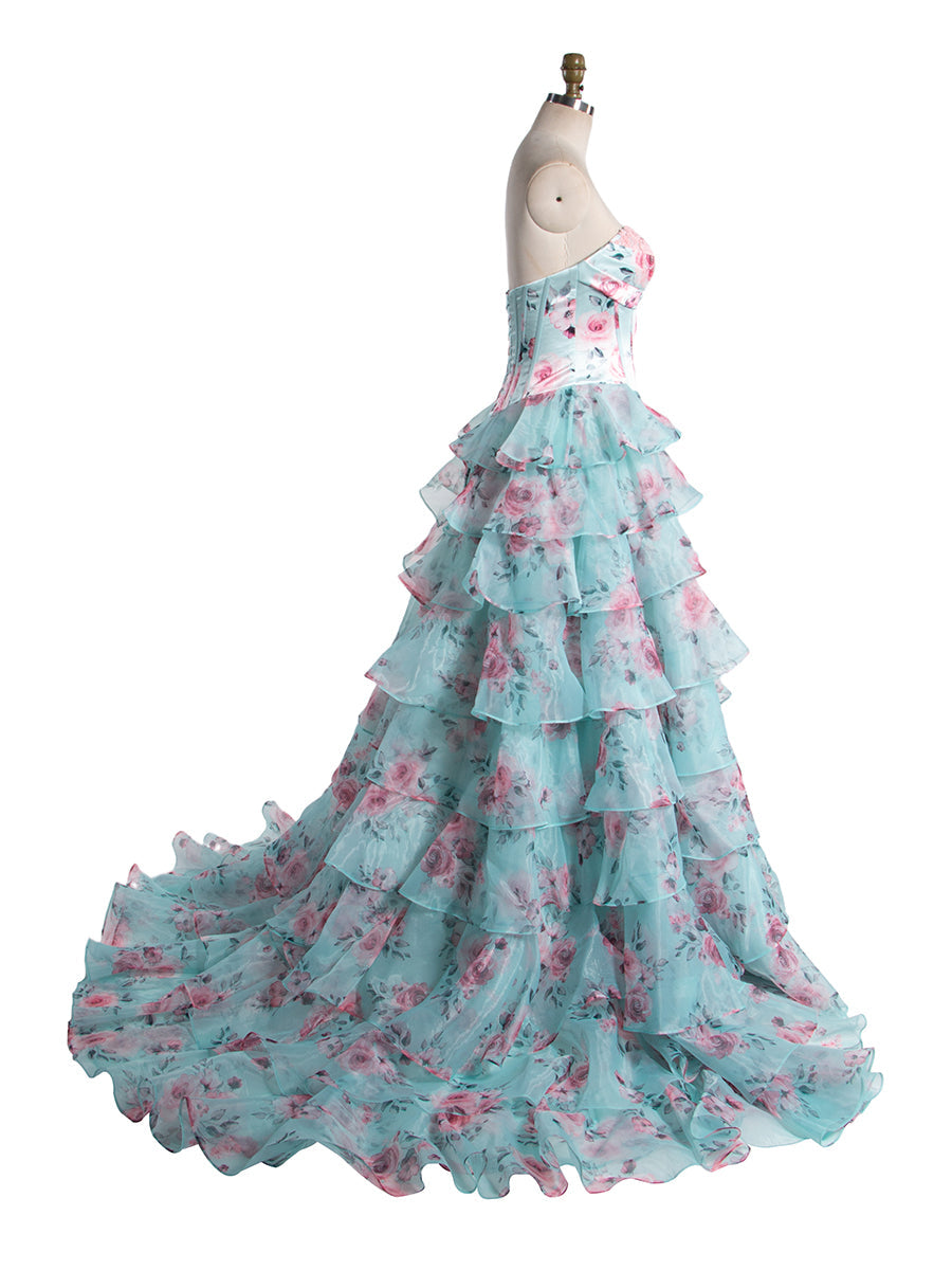 Wunderschönes, schulterfreies, langes Ballkleid in A-Linie mit Rüschen, bedruckt, YW240048 