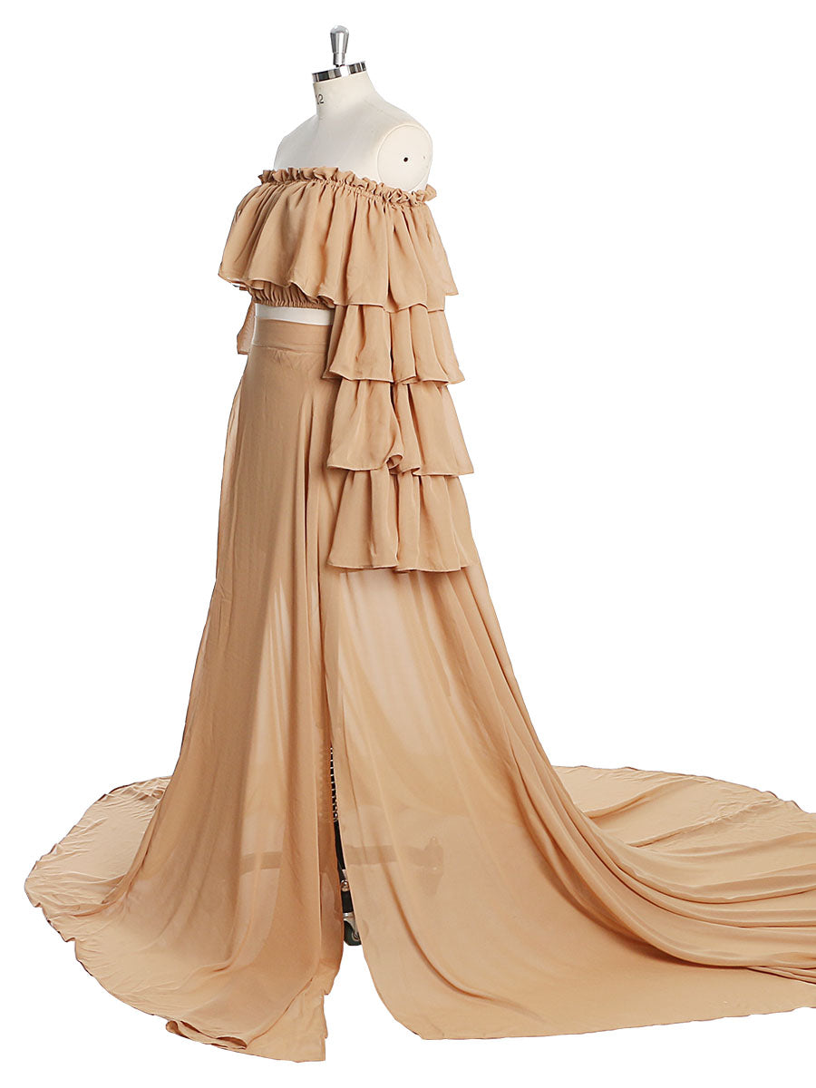 Chiffon Tan Farbe 2 Stück Set Umstandskleid Fotografie Kleid YW231003 