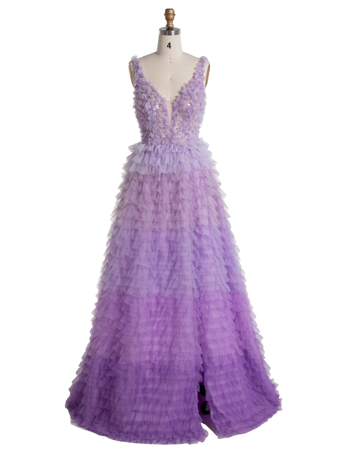 V Neck, Floor Length ,Layered Ruffles, Tulle Prom Dress 