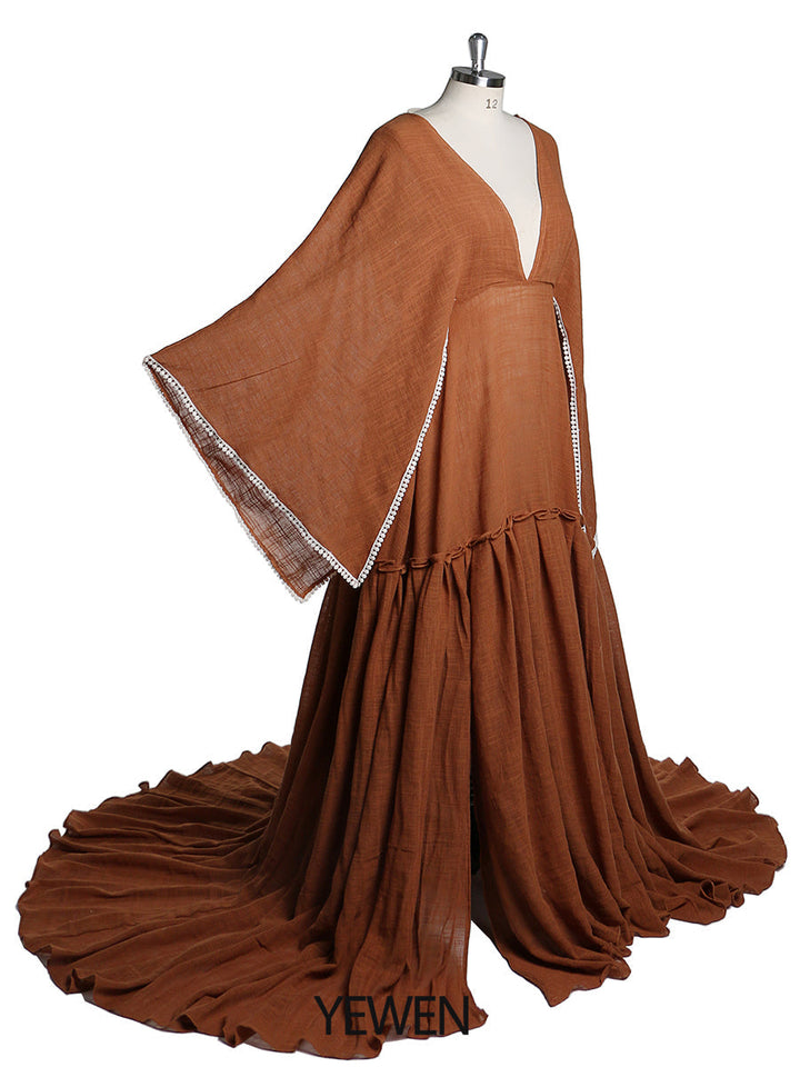 Elegantes Umstandskleid für Fotoshooting Lange ausgestellte Ärmel Seitenschlitz Schwangerschaftskleid Baumwoll-Maxikleid YEWEN YW221207