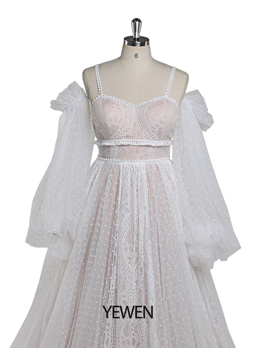 Dot Tüll mit Spitze Farben der Brautkleider Langarm Bohemian Spitze Brautkleid YW220107