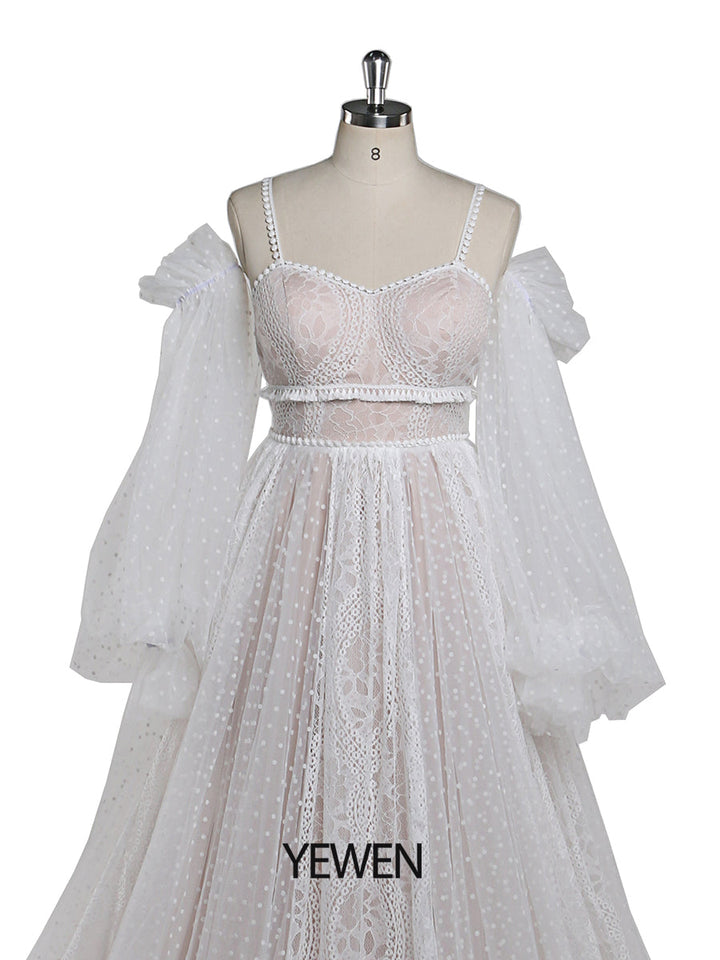 Dot Tüll mit Spitze Farben der Brautkleider Langarm Bohemian Spitze Brautkleid YW220107