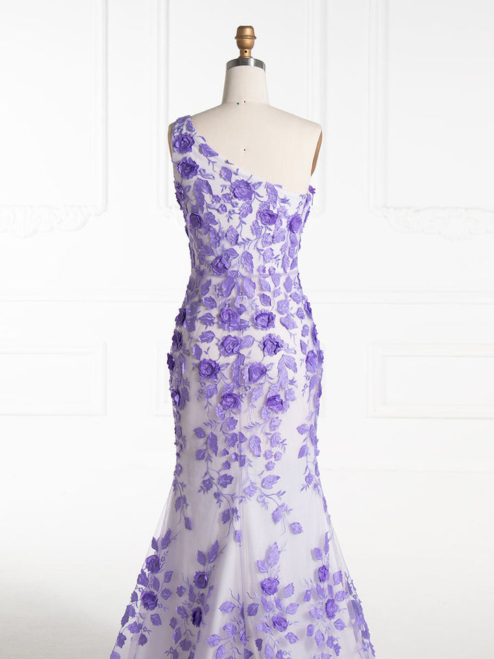 Mermaid One Shoulder, Purple Embroidery Lace, Prom Dresses 