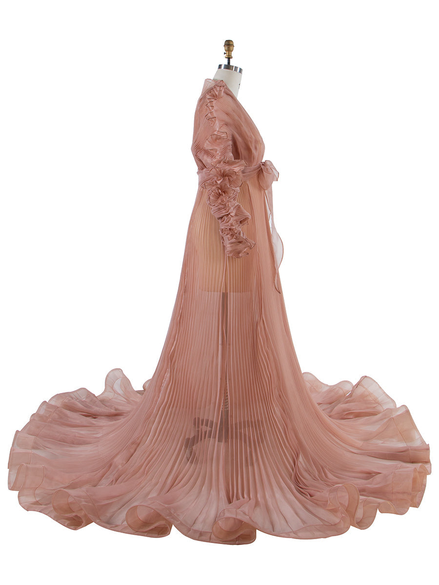 V-Ausschnitt, plissiertes Organza-Umstandskleid für Fotoshooting, großer Rock, transparentes Kleid für Schwangerschafts-Babyparty, YW250013 
