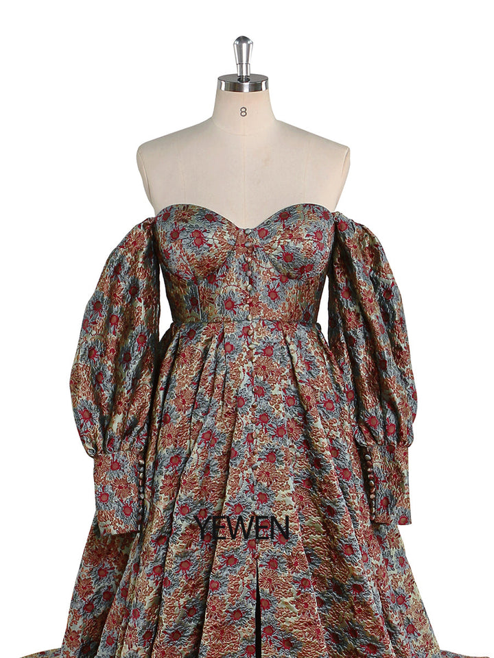 Hochwertiges elegantes Jacquard-Blumen-Abendkleid mit langen Ärmeln im Retro-Stil, Ballkleid für Fotoshootings, YEWEN YW221031 