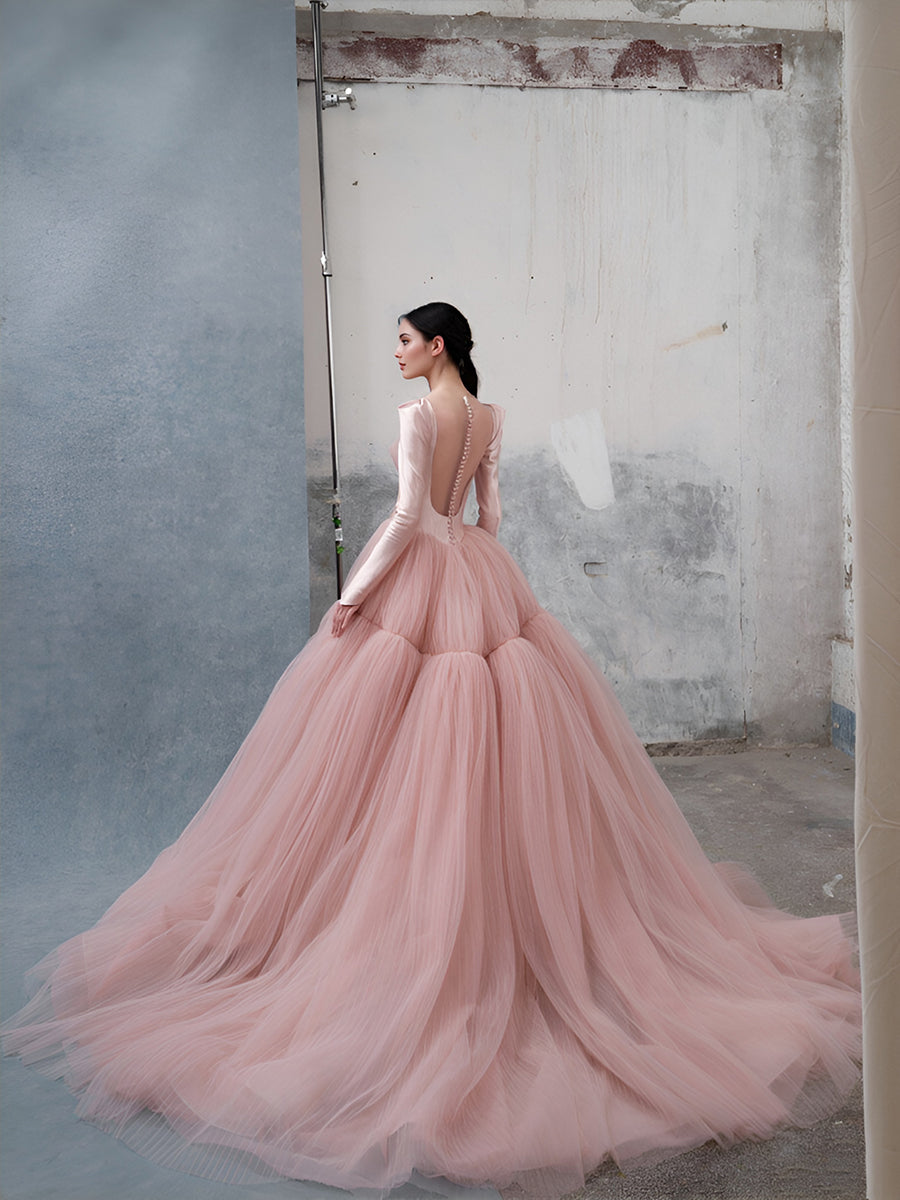 Zartrosa Eventkleid Puffiges Tüllkleid mit langer Schleppe Farbiges Hochzeitskleid Fotografiekleid 