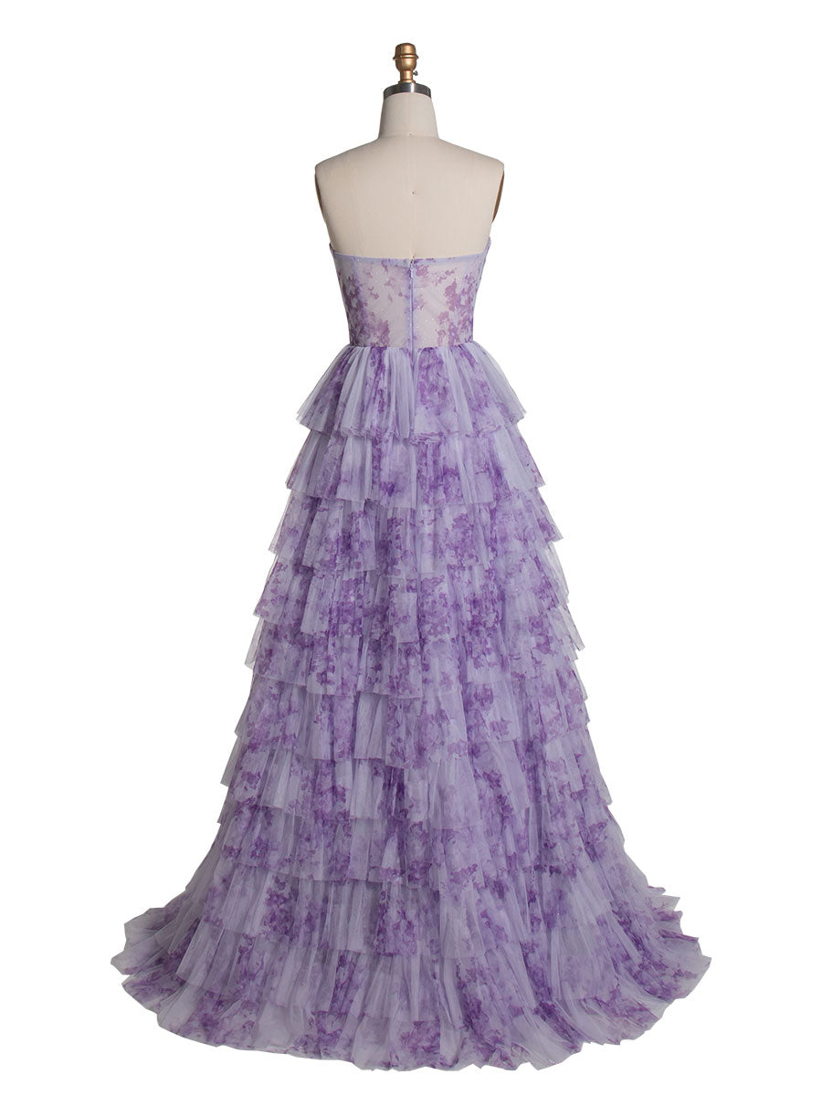 Elegantes lavendelfarbenes Stufenkleid aus mehrlagigem, bedrucktem Tüll, Ball- und Partykleid YE3024 