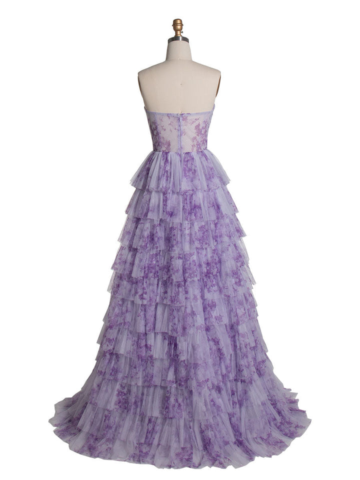 Elegantes lavendelfarbenes Stufenkleid aus mehrlagigem, bedrucktem Tüll, Ball- und Partykleid YE3024 