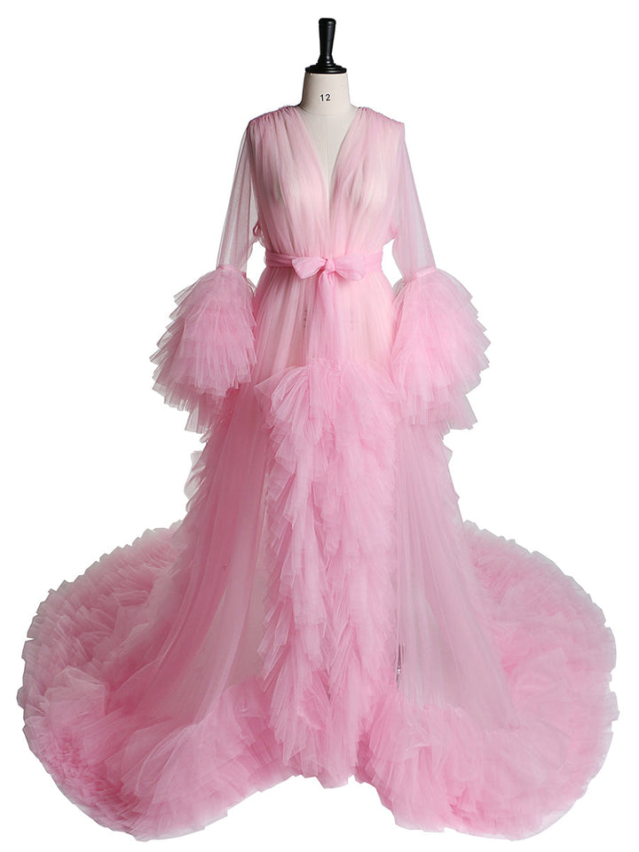 Langärmliges Umstandskleid für Fotoshootings, gerüschtes Tüllkleid mit V-Ausschnitt, Party- und Abendkleid 