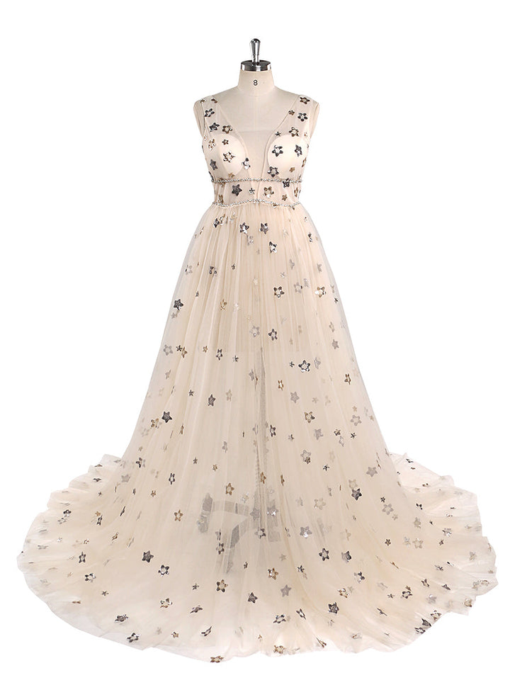 Tüll-Ballkleid, Champagner, Stern, V-Ausschnitt, Fotografie-Kleid 