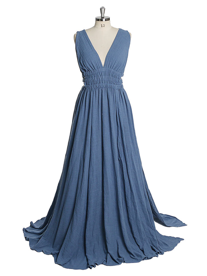 V-Ausschnitt Kleid mit elastischer Taille und Seitenschlitz für Fotoshootings, YW221118