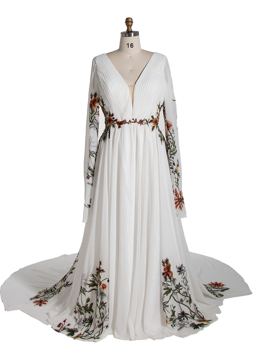 Besticktes Hochzeitskleid Bunte Blumenspitze Textur Plissee Crêpe Chiffon Brautkleid YE2532 