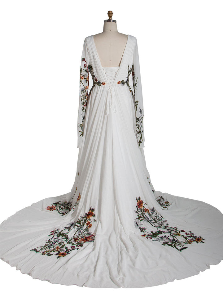Besticktes Hochzeitskleid Bunte Blumenspitze Textur Plissee Crêpe Chiffon Brautkleid YE2532 