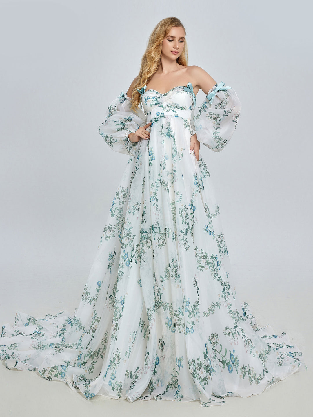 Stilvolles Langarm-Umstandskleid für die Hochzeit Boho Blumendruck Farbiges Brautkleid YW240075 
