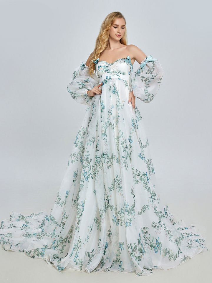 Stilvolles Langarm-Umstandskleid für die Hochzeit Boho Blumendruck Farbiges Brautkleid YW240075 