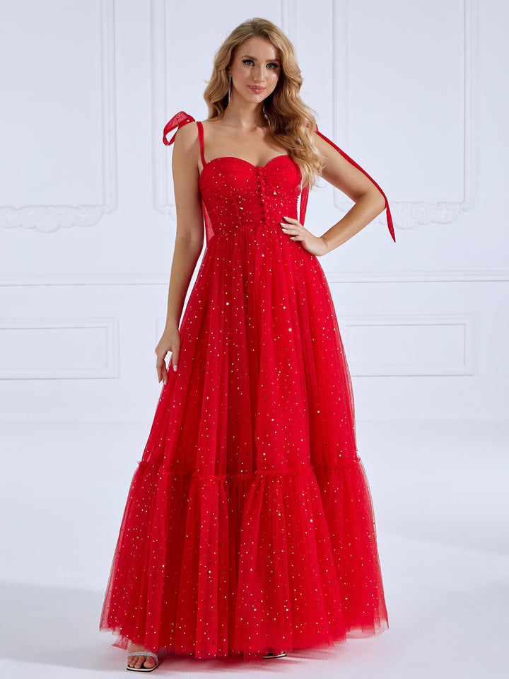 Ärmelloses Ballkleid aus Tüll mit herzförmigem Ausschnitt und Sternenmuster und Knopfdetail YW231022