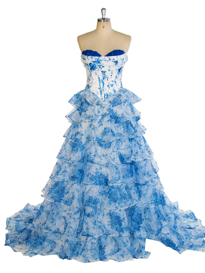 Blaues bedrucktes langes Maxikleid, elegantes Ball- und Partykleid YW240048