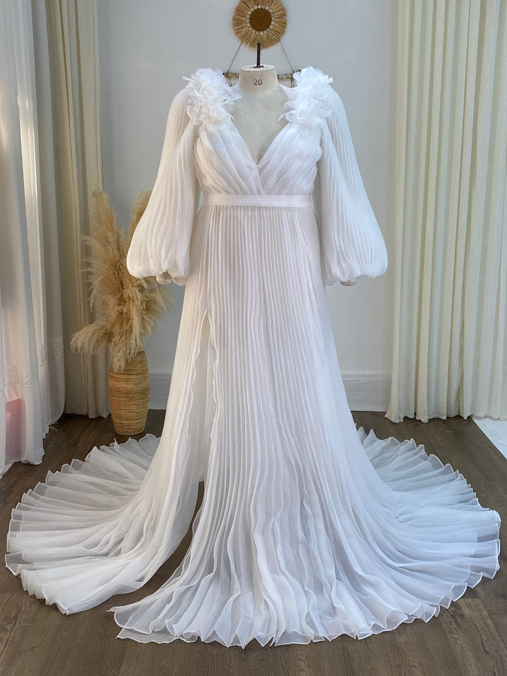 Lange Ärmel V-Ausschnitt Hochzeit Brautjungfernkleid Weiches Organza Plisseekleid YW243114 