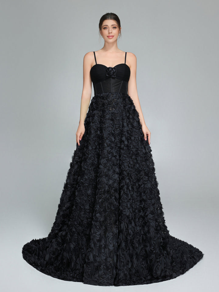 Schwarzes A-Linien-Kleid mit Korsett-Mieder, Mesh-Rosen-Abendkleid YW240043 