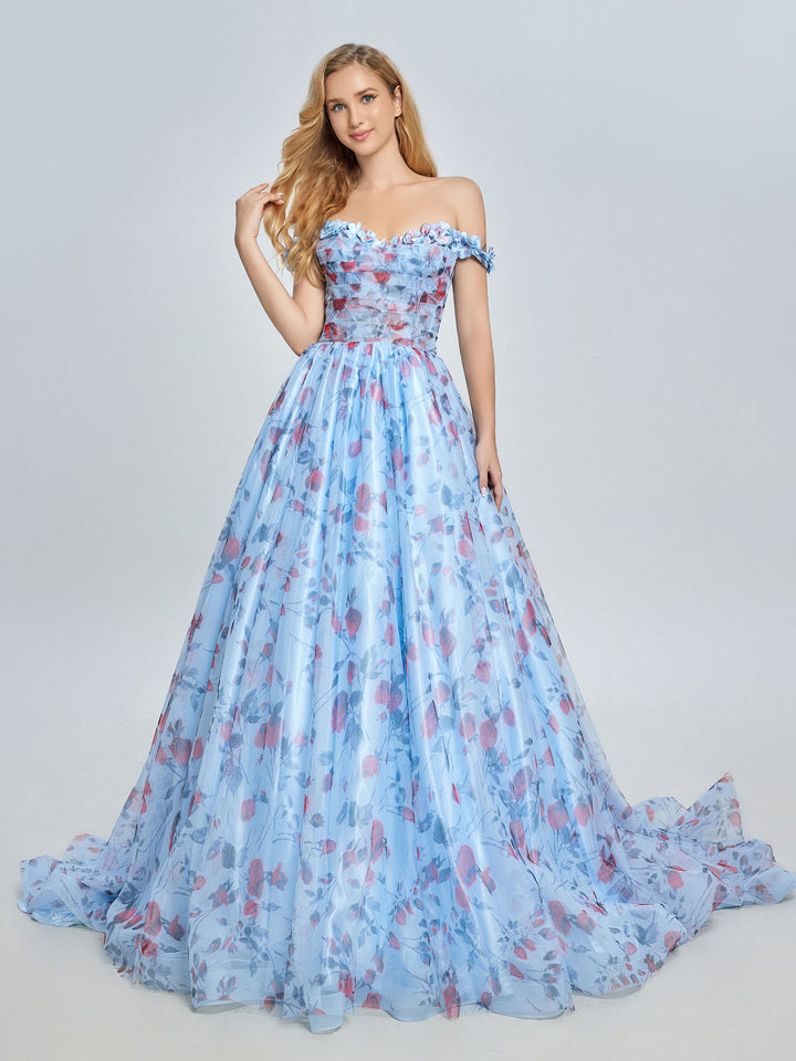 Elegantes schulterfreies Ballkleid mit Blumenmuster und Schleppe YE3023 