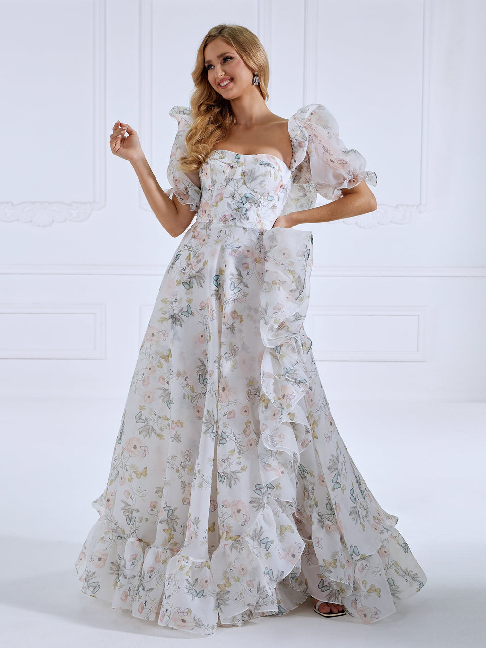 Floor Length, Printing Floral, Prom Dress with Short Sleeves ,Photo Shoots Dress