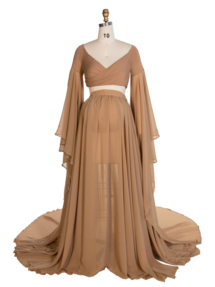 Herbst Umstandskleid für Bilder Rüschenärmel Umstandskleid mit langer Schleppe Boho-Kleid für Fotoshooting YW243111 