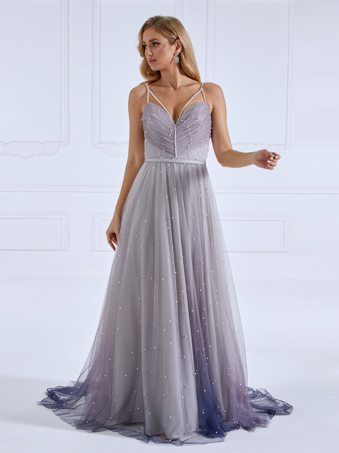 Criss-Cross Pearls Evening Dress V Neck Ball Gown Photo Shoot Dress 
