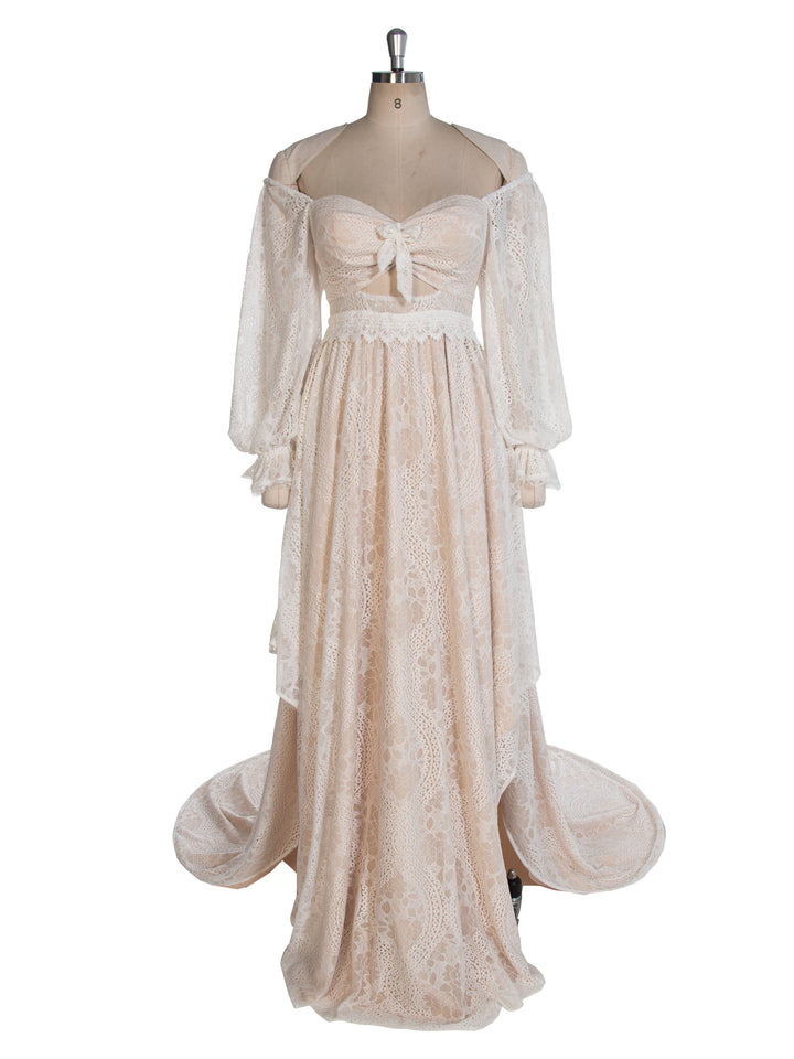Bohe Lace Vintage Maxikleid Langarm Fotoshooting Kleid YW243117 