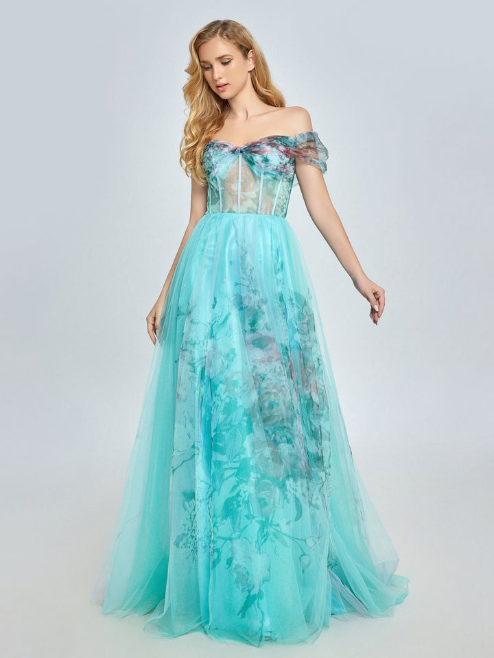 Elegantes, schulterfreies Ballkleid mit Blumenmuster in Aquamarin YE3022 
