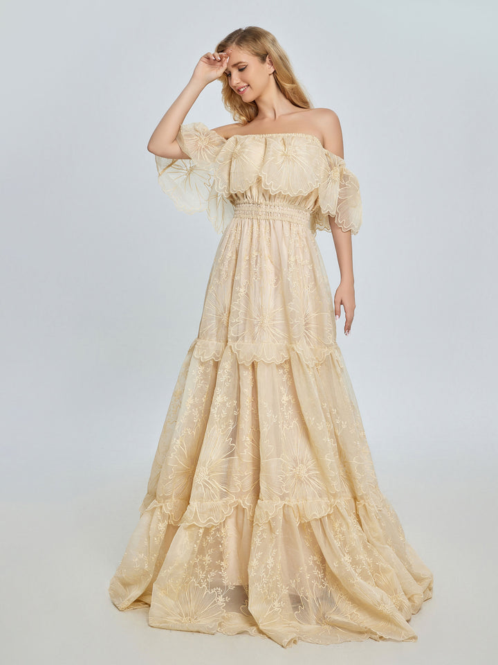 Elegantes schulterfreies Spitzen-Boho-Kleid, Fotoshooting-Kleid, böhmisches Umstandskleid, Babyparty, YW240067