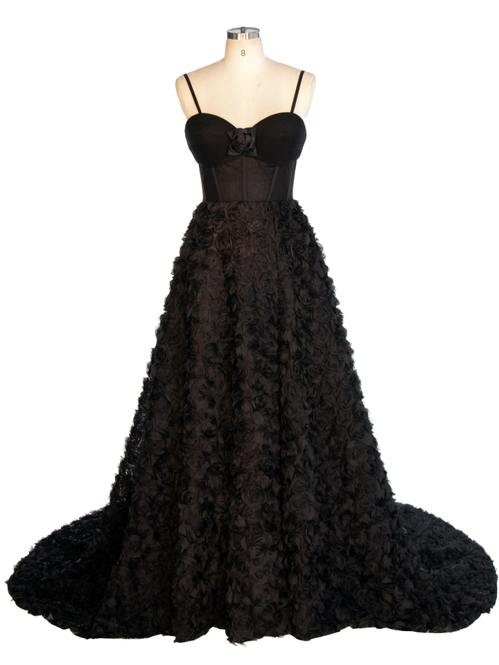 Schwarzes A-Linien-Kleid mit Korsett-Mieder, Mesh-Rosen-Abendkleid YW240043 