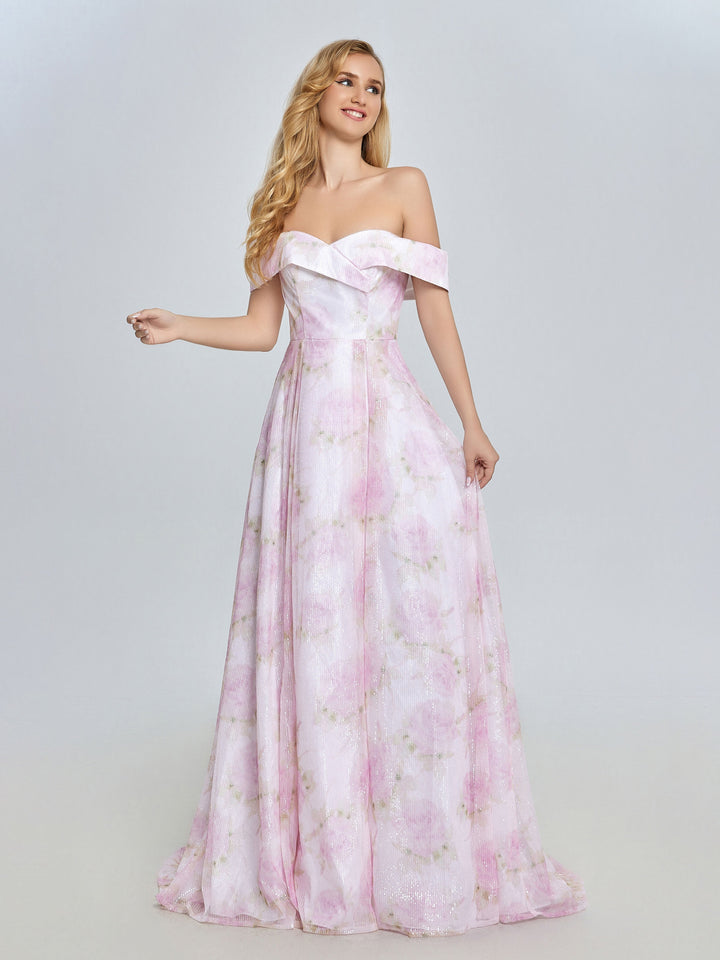 Elegantes A-Linien-Ballkleid mit schulterfreiem, rosafarbenem Print YE3019 