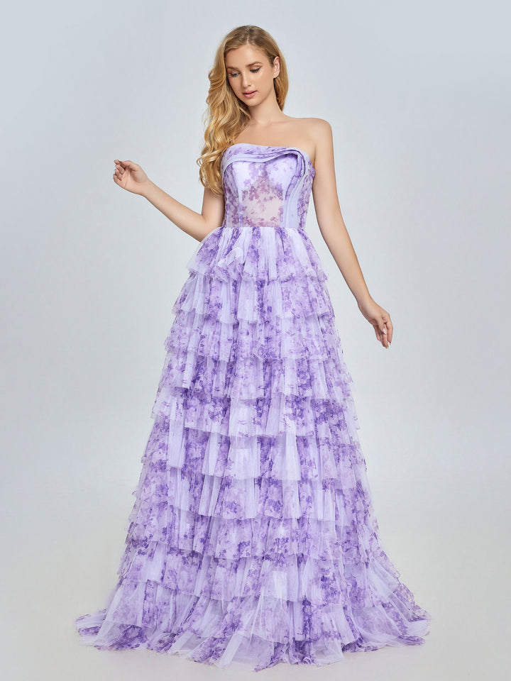 Elegantes lavendelfarbenes Stufenkleid aus mehrlagigem, bedrucktem Tüll, Ball- und Partykleid YE3024 