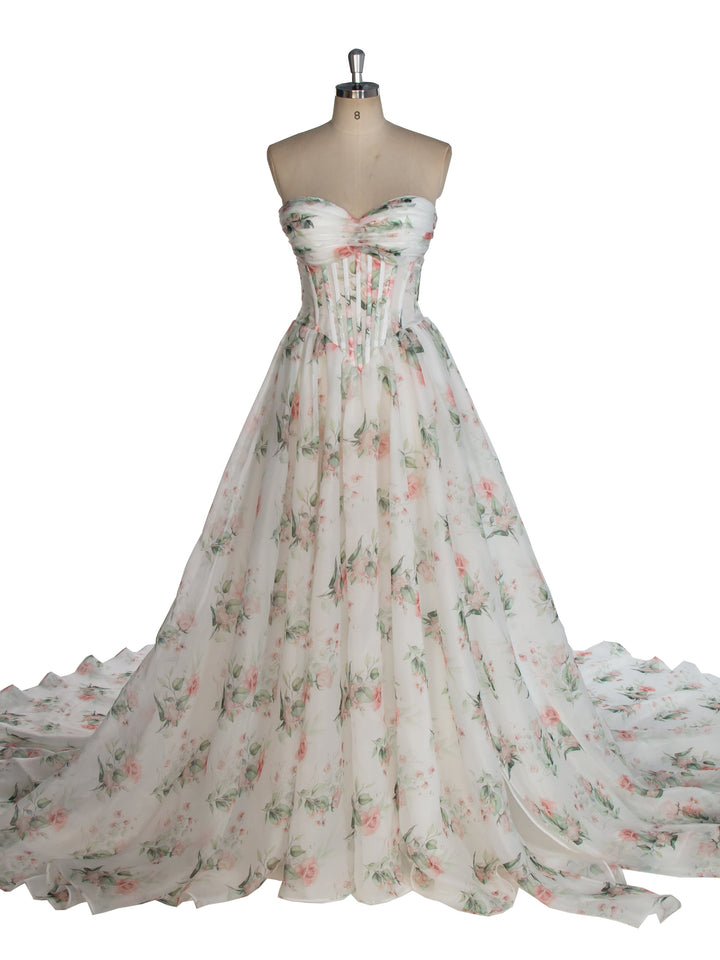Prinzessinnenkleid Organza Blumen Brautkleid Üppiges langes Schleppen Brautkleid mit Schlitz YW243142