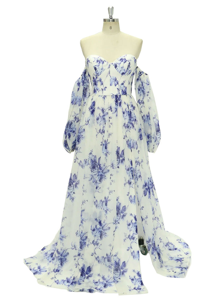 Off-Shoulder-Langarm-Ballkleid mit blauem Aufdruck YE2535 