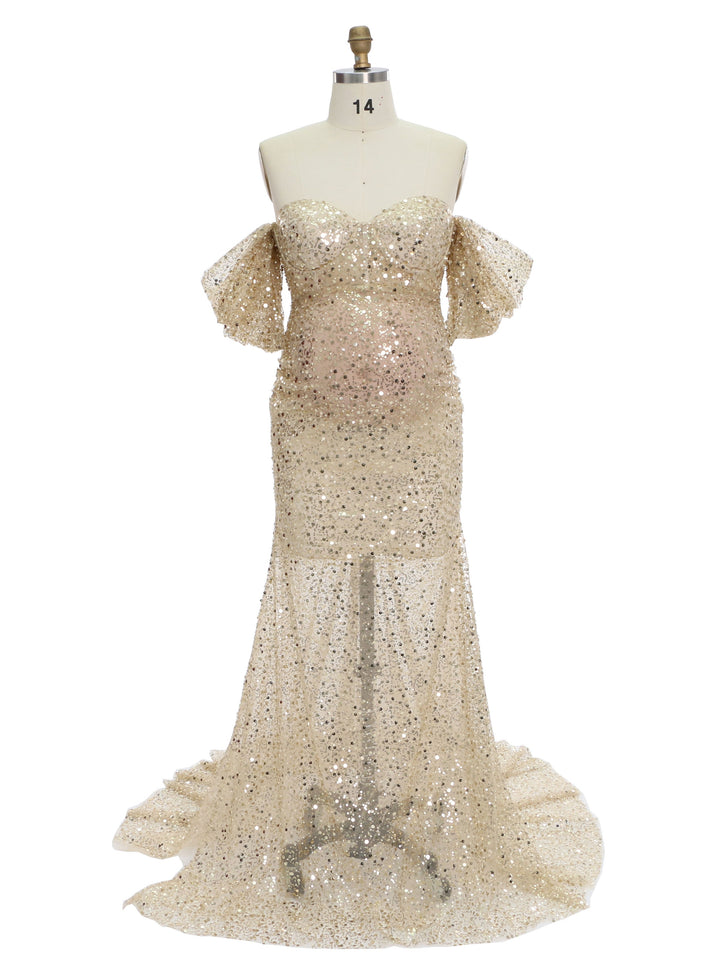 Umstandskleid mit goldenen Pailletten und Perlen für Fotoshootings, Schwangerschaftsfotografie, Babyparty-Kleid YW231140 