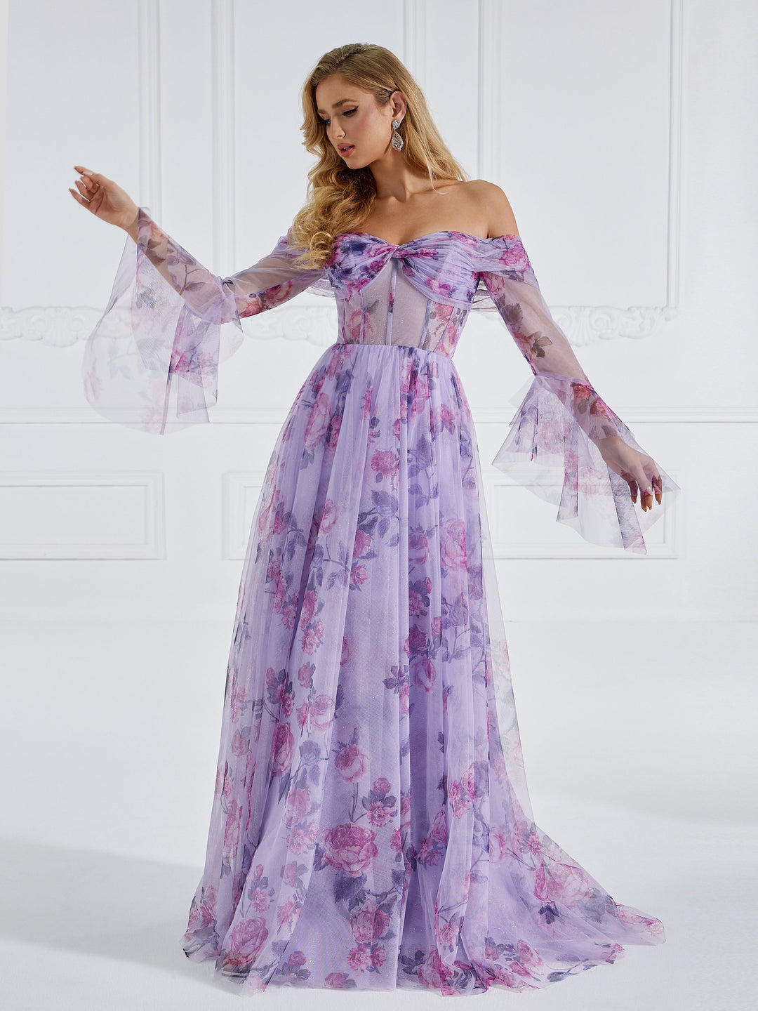 Elegant Long Flare Sleeve, A Line, Prom Dresses, Printing Tulle Photo Shoot Gown